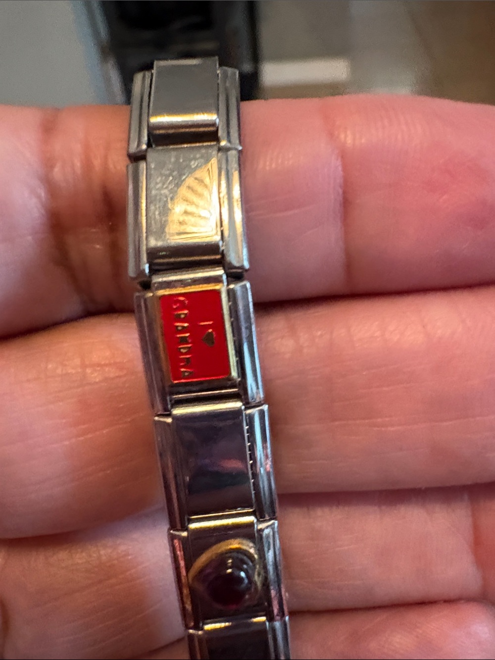 Stainless Steel Italian Charm Bracelet with Red Enamel and Garnet Accent